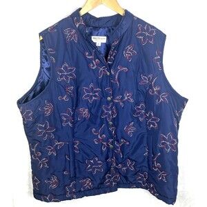 Norm Thompson Women's Vest Floral Embroidered Snap Front Blue Size 3X